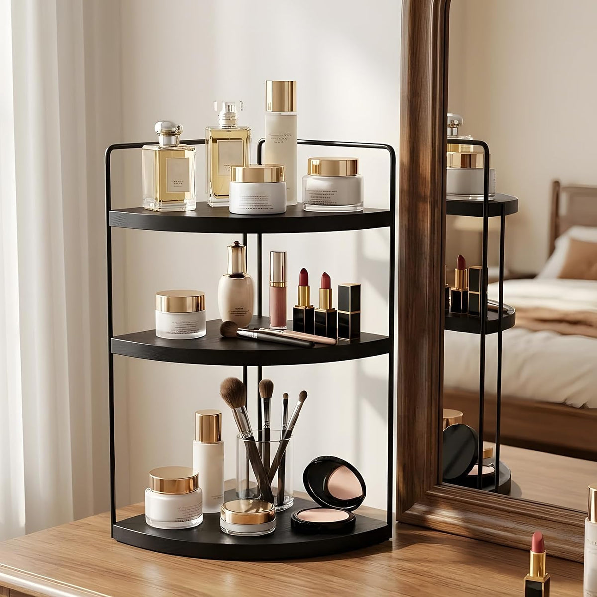 Corner Bathroom Counter Organizer Countertop Black, 2 Pack 3 Tier Corner Shelf Wood Vanity Tray Easy Assembly Space