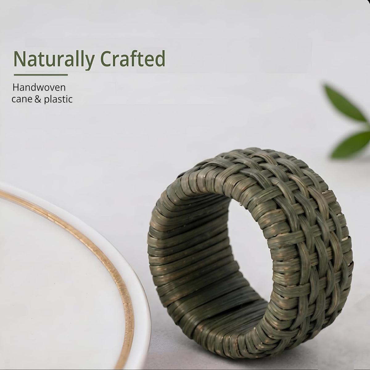Artisan Cane Napkin Rings Set of 12, Earthy Woven Dinner Napkin Holders, Natural Bohemian Farmhouse Table Accessory for