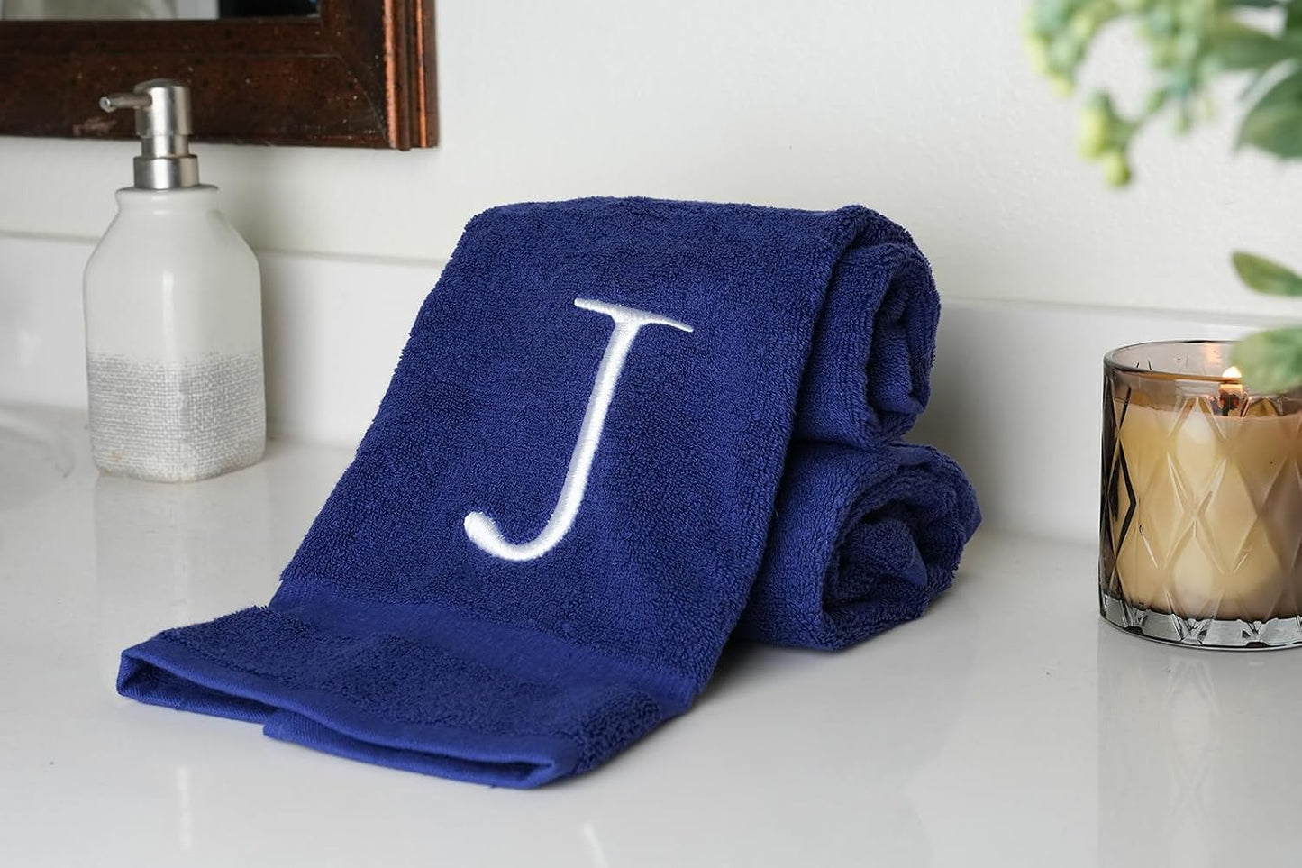 Navy with White Monogrammed Hand Towels for Bathroom - Set of 2 Letter J | Luxury Hotel Quality Initial Towels For