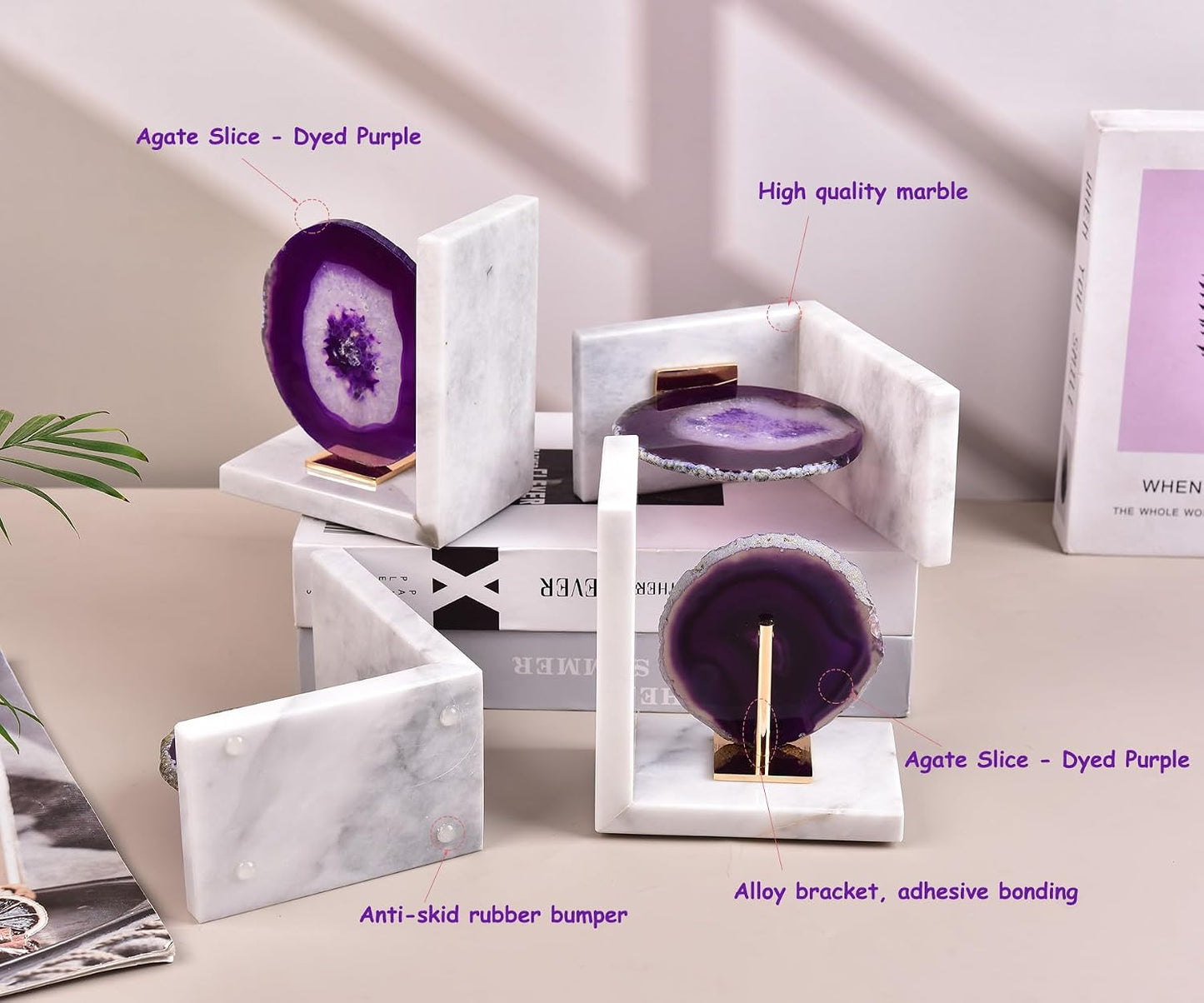 Purple Agate Bookends / 3-4 Lbs / White- Purple
