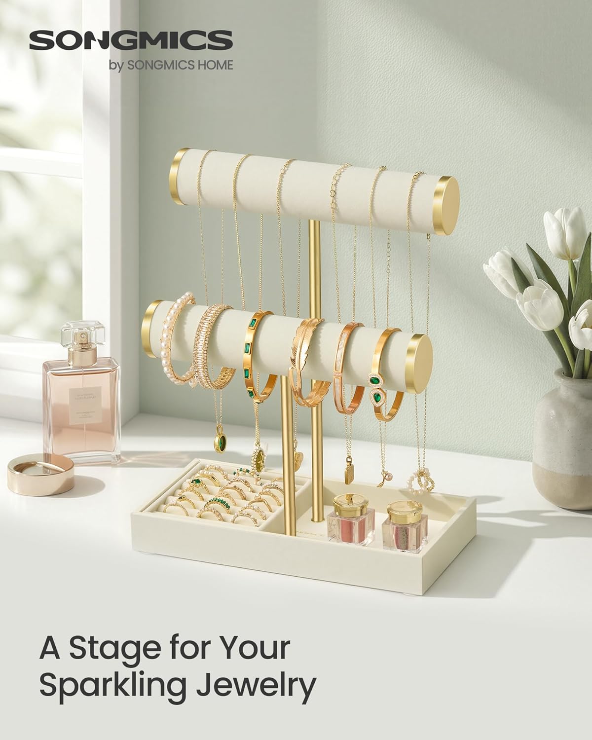 2 Tiers and Velvet Tray / 2-tier / Cream White + Pale Gold