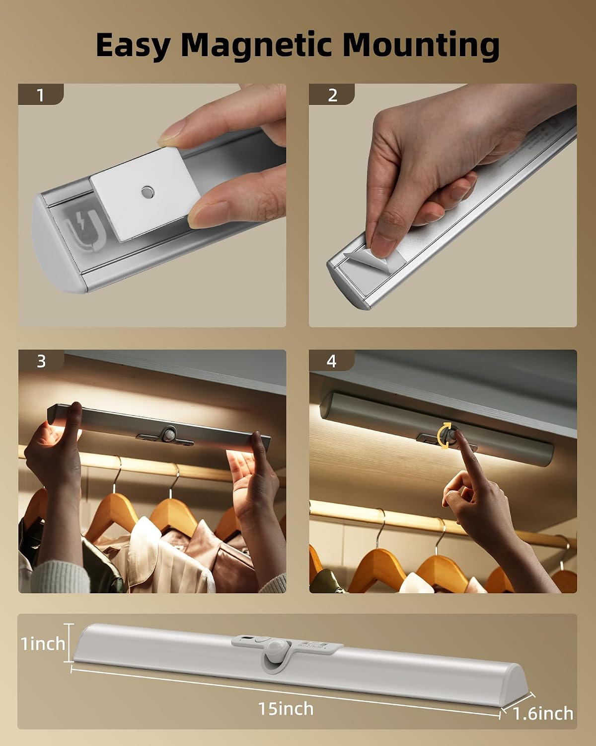 EZVALO 15-inch Motion Sensor Closet Lights with Adjustable Sensor | Rechargeable Battery, Glare-Free, Indoor Use, 3