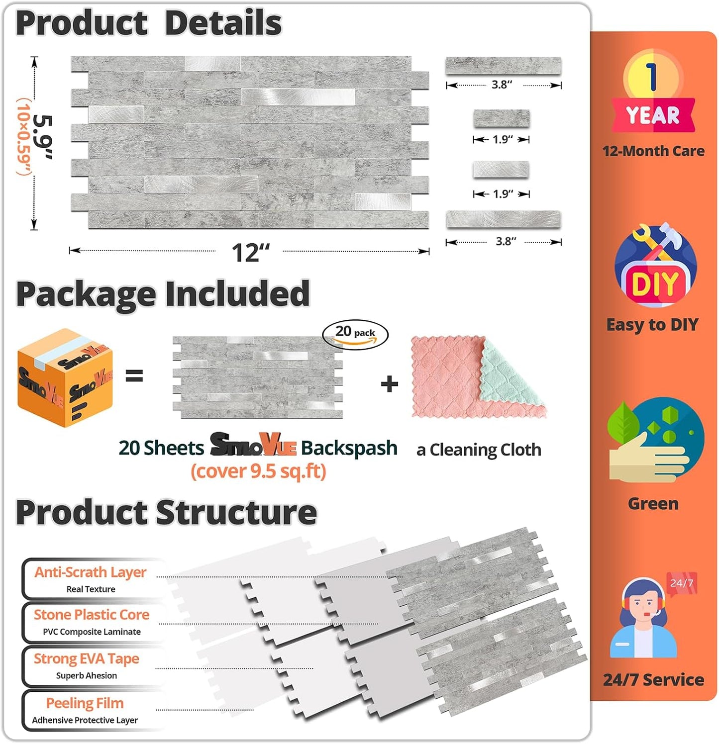 StyloVue 20 Sheets Peel and Stick Backsplash for Kitchen, Slate Gray with Metal Silver Look Stick on Tile Upgrade Your