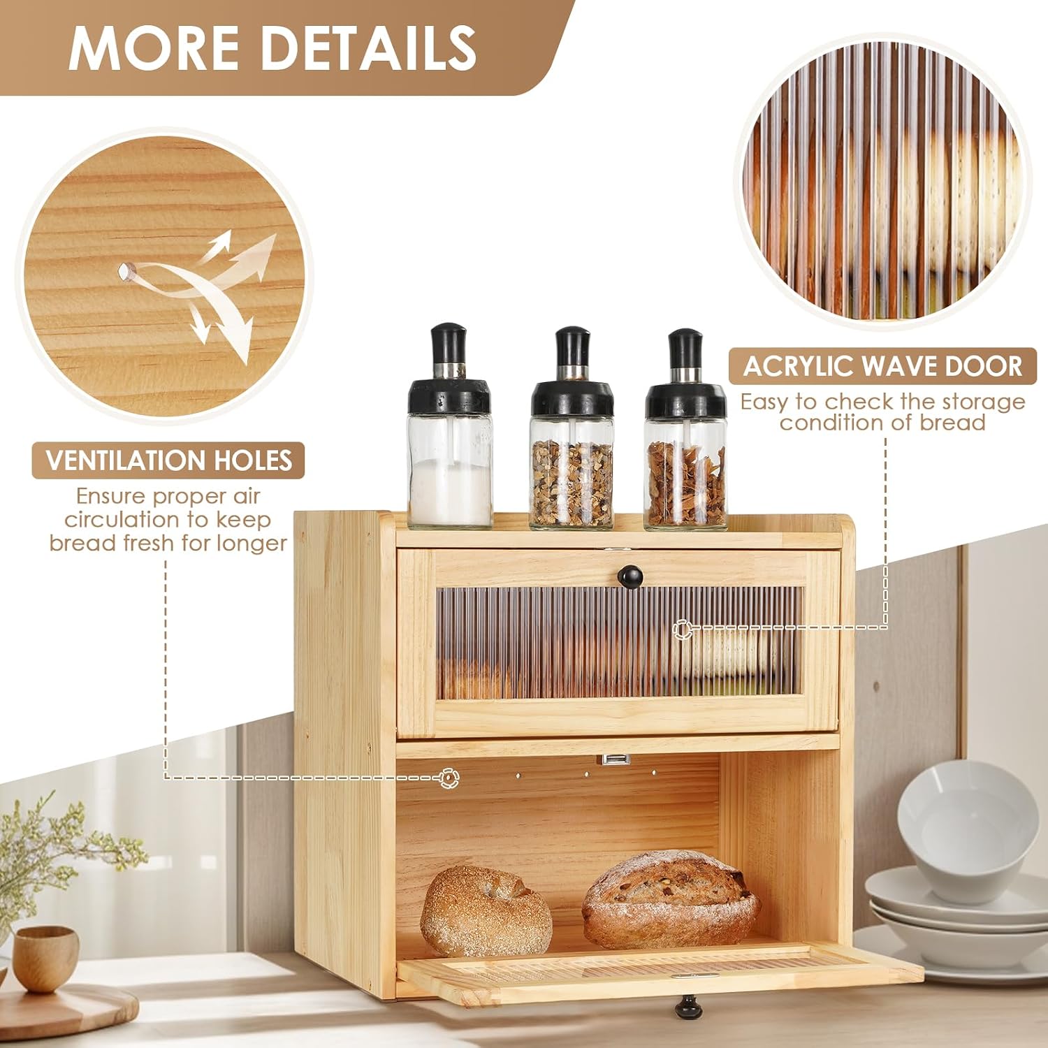 Sunhoo Bread Box for Kitchen Countertop Wooden Bread Storage Container Bin 2 Layer Breadbox Holder Large Capacity