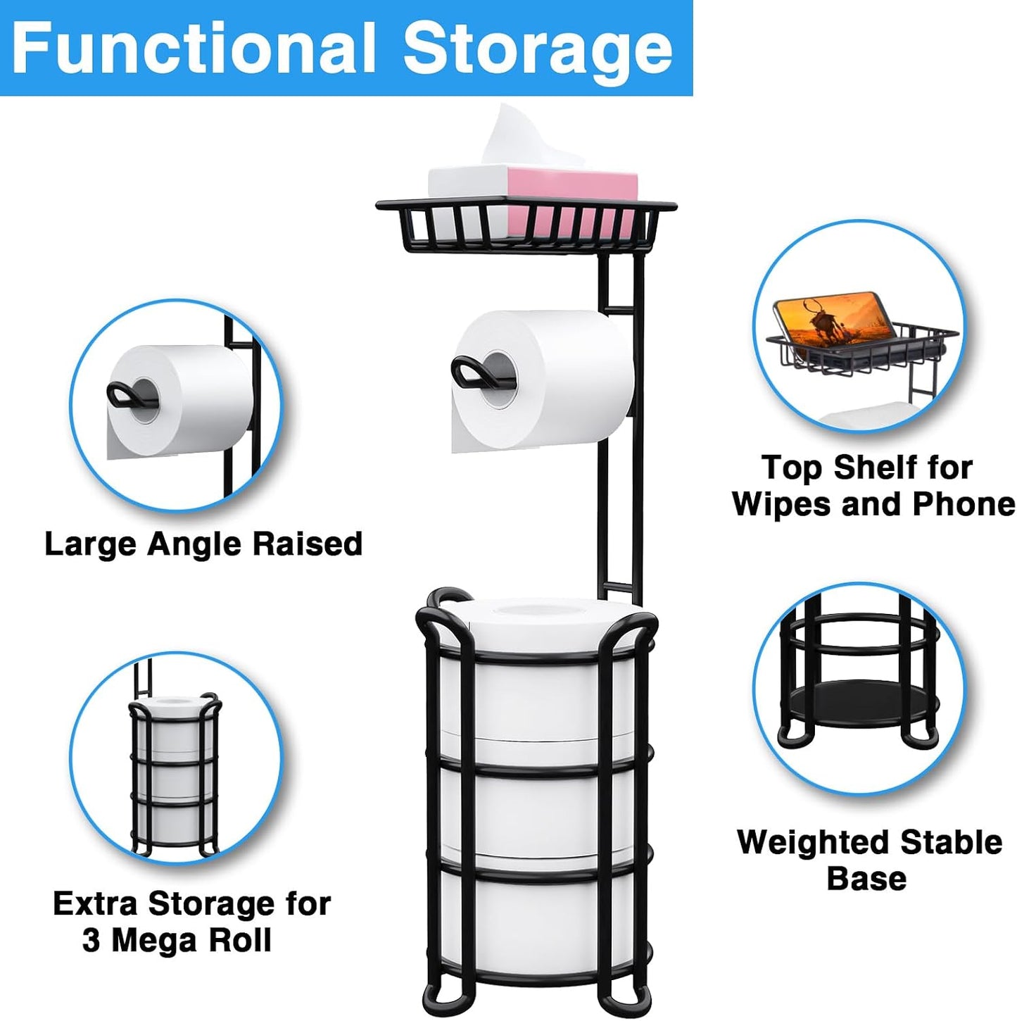 Toilet Paper Holder Stand with Shelf, Free Standing Tissue Roll Storage Rack with Dispenser for Bathroom, Black