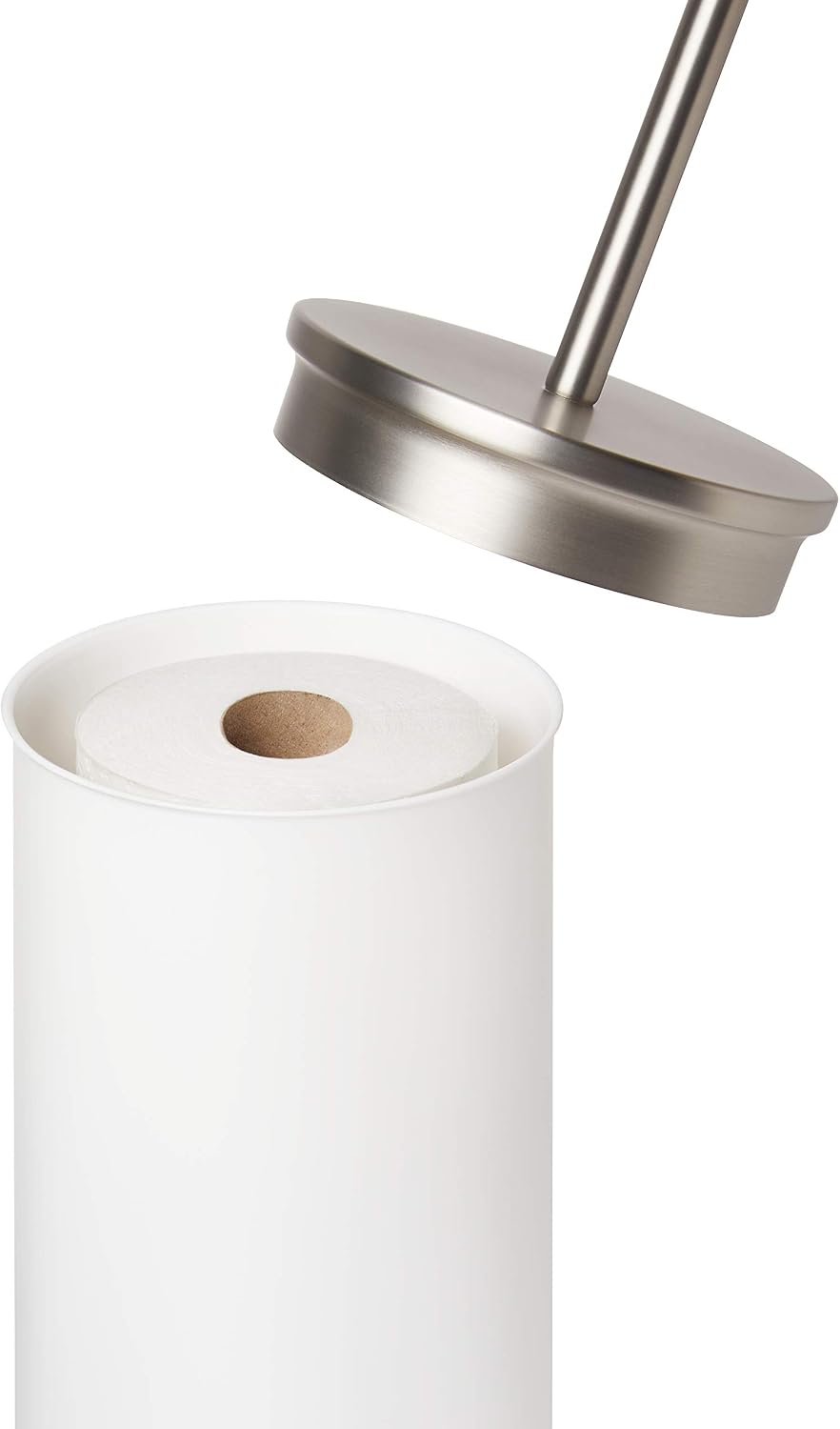 Umbra Portaloo Toilet Paper Stand, Freestanding with Storage, White/Nickel | Steel construction, built-in tray, holds