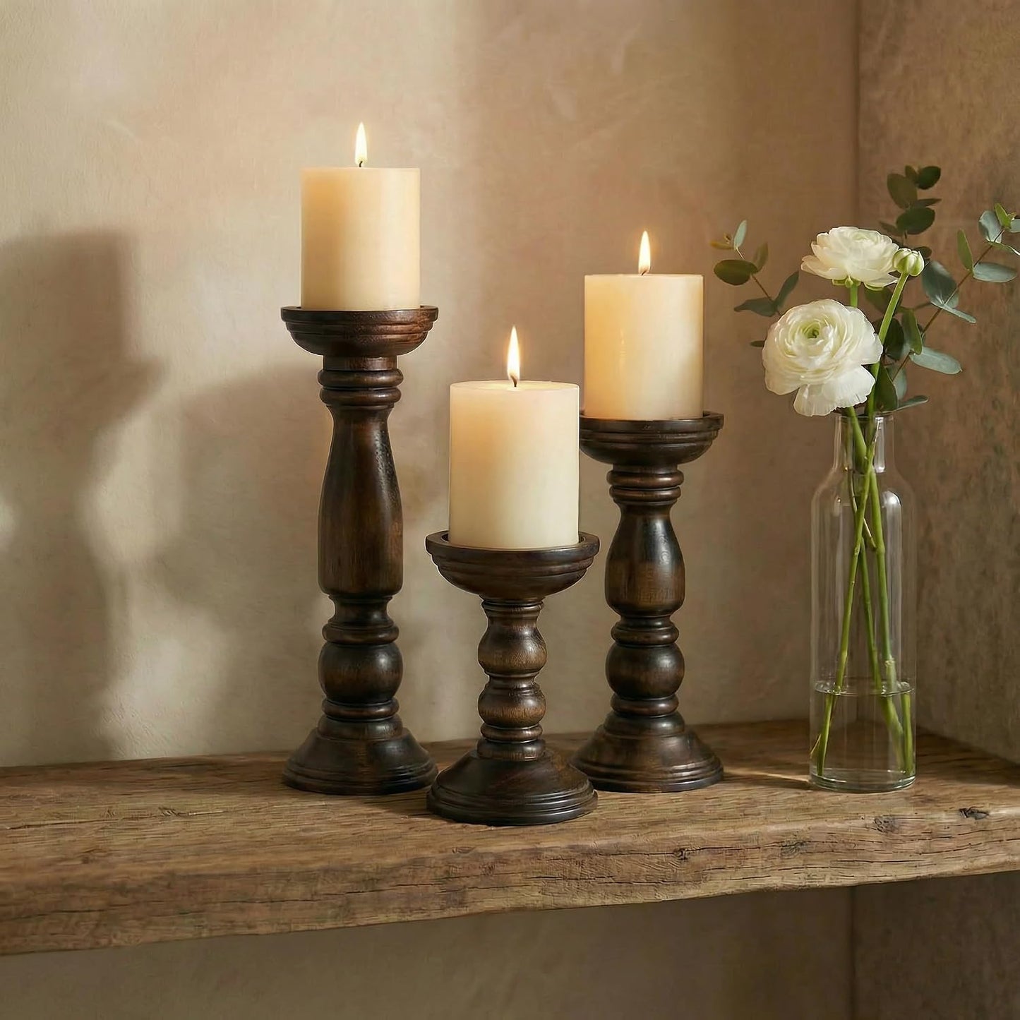 BANOMII Farmhouse Wooden Candle Holders for Pillar Candles Set of 3, Rustic Wood Candle Holder Table Centerpiece Decor
