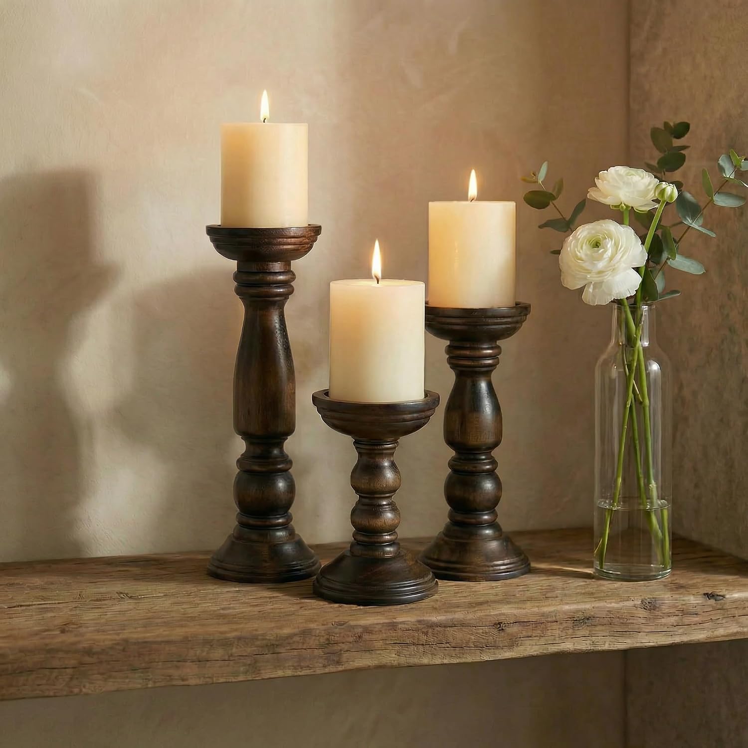 BANOMII Farmhouse Wooden Candle Holders for Pillar Candles Set of 3, Rustic Wood Candle Holder Table Centerpiece Decor