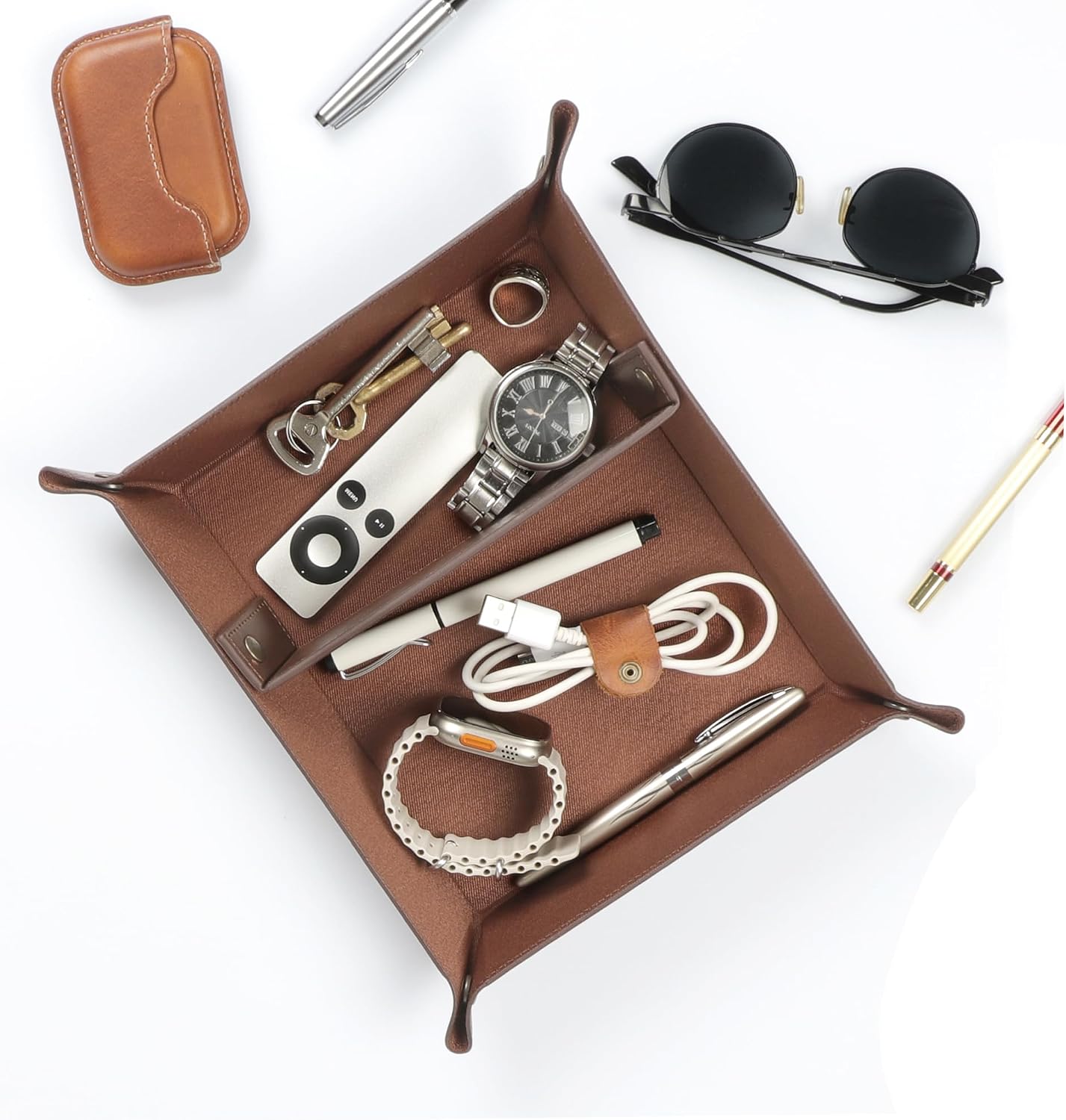 Londo PU Vegan Leather Valet Tray for Men — Catchall EDC for Keys, Wallet, Watch, AirPods — Nightstand & Entryway Tray