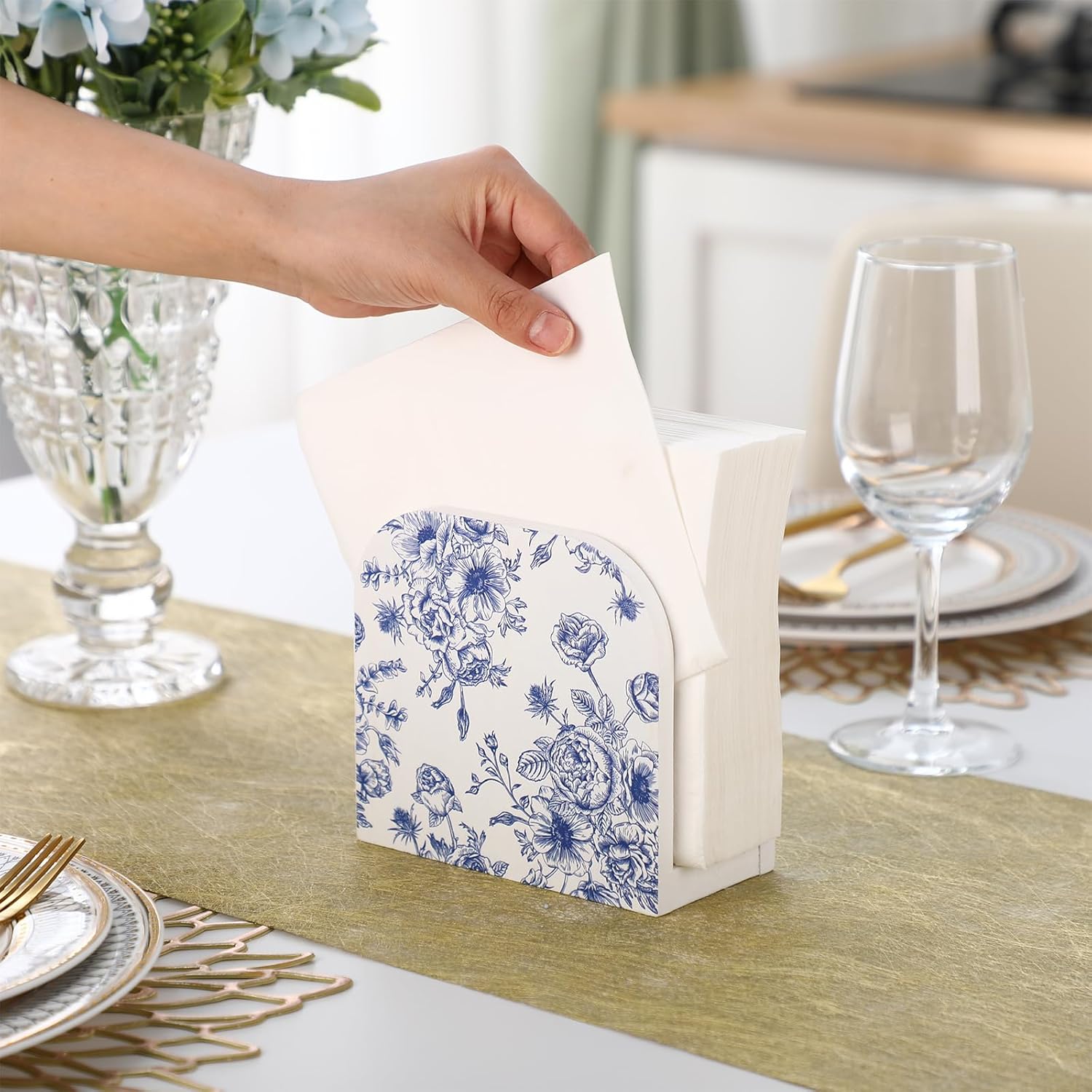 Wood Napkin Holder and White Chinoiserie Wooden Standing Dispenser Napkin Holder / Porcelain / Blue