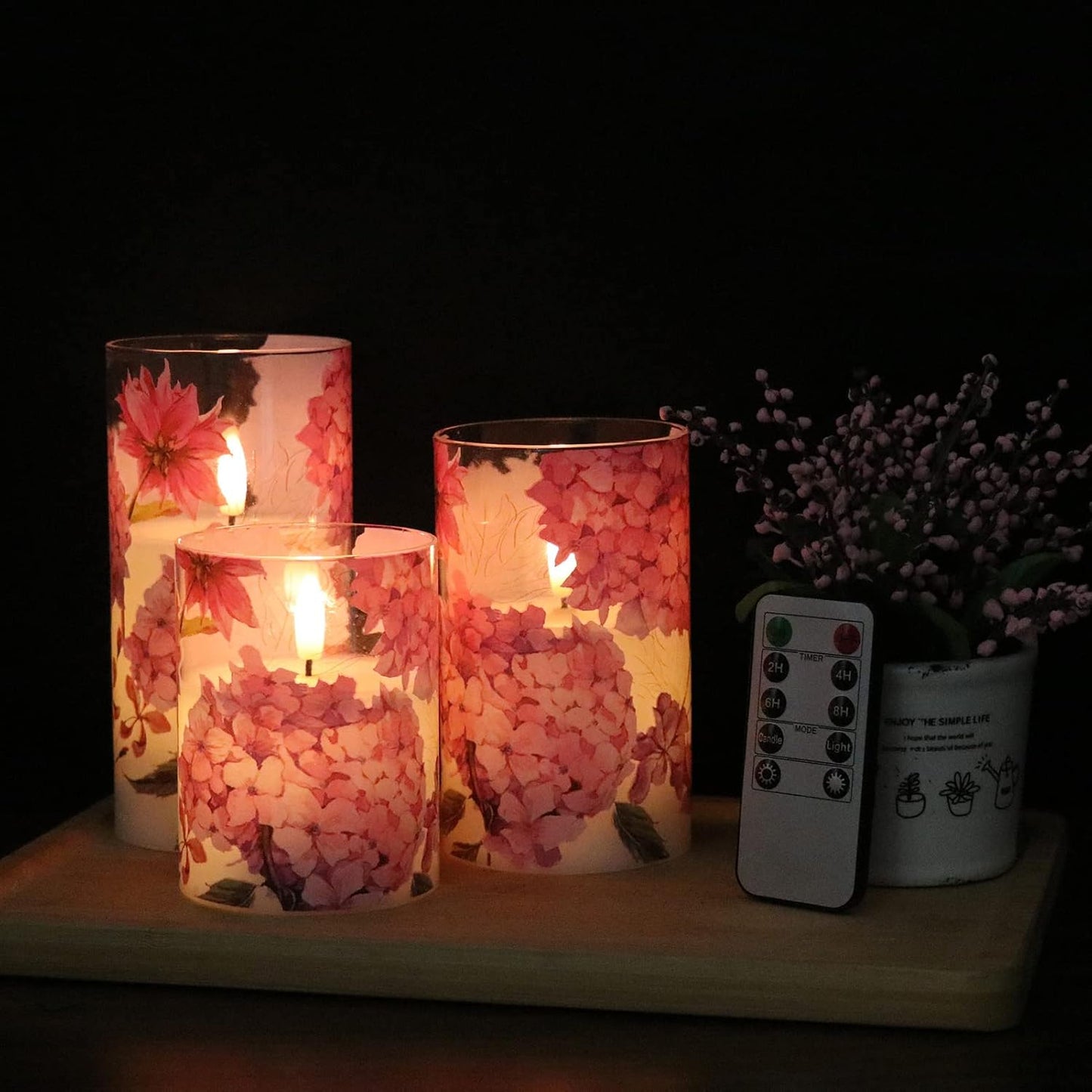 Red Hydrangea Glass Flameless Candles with Remote and Timer | Batttery Operated LED Pillar Candle Flickering, Real Wax