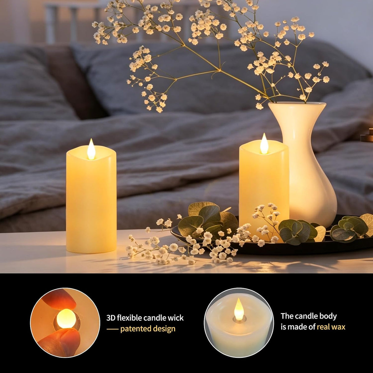 Flameless LED Candles 3"x6" Set of 2, Battery Operated with Remote & Timer, 600-Hour on 2 AA Batteries, Flickering