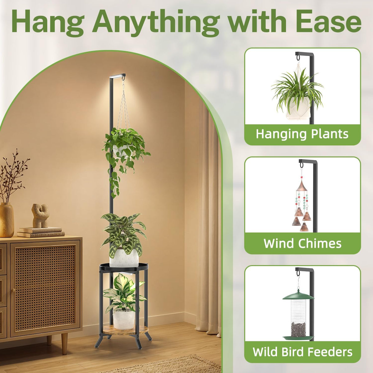 iDavosic.ly Hanging Plant Stand with Grow Light Indoor, 2 Tier, Black Brown | Tall Vertical Corner Metal Flower Shelf