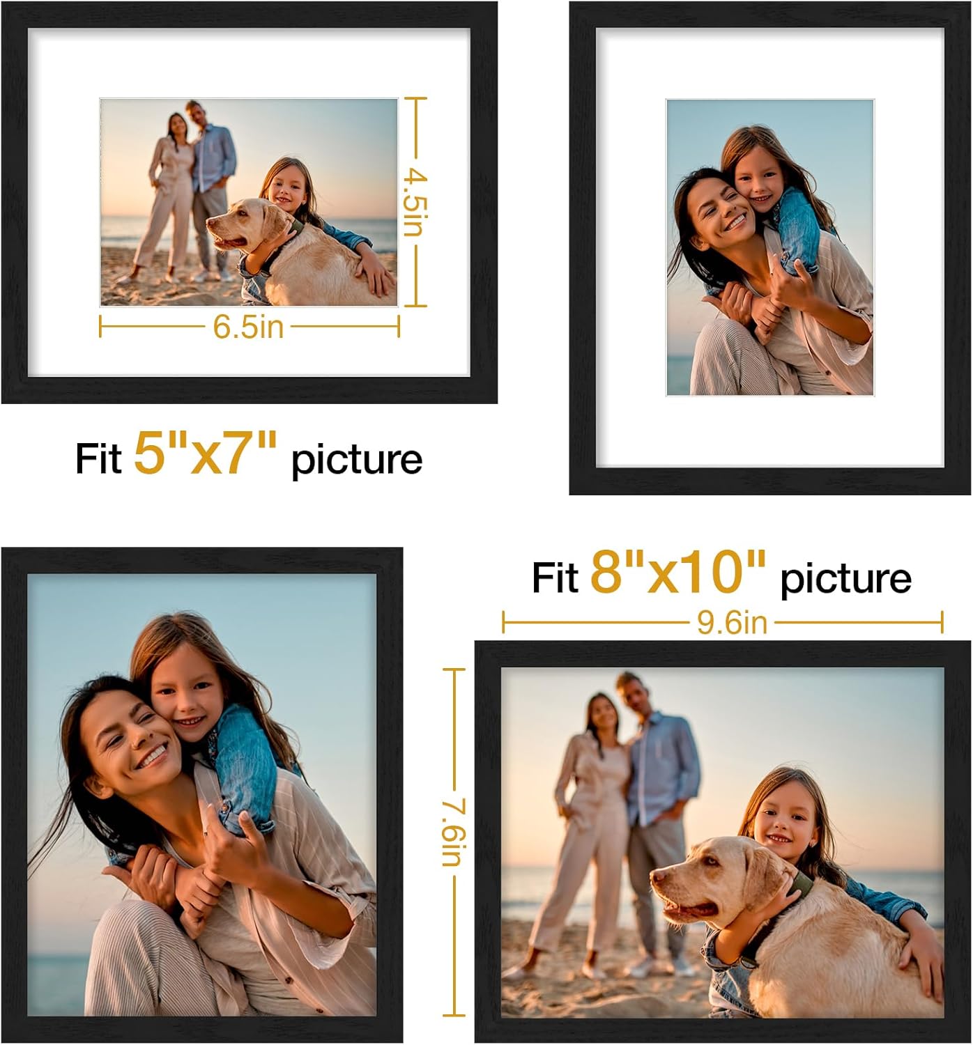 Picture Frame / Mat or without Mat / Black / 8 x 10 / Set of 4