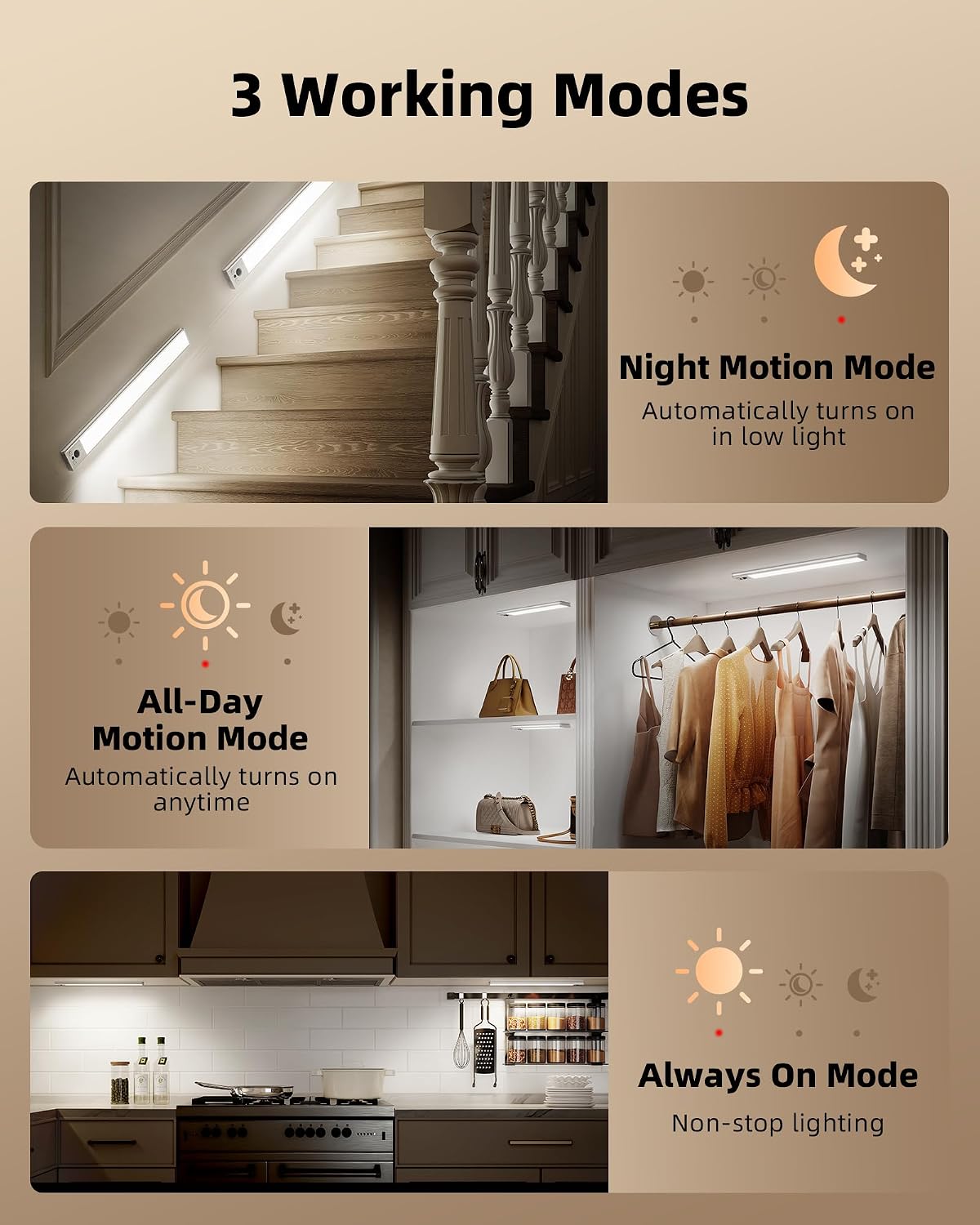 EZVALO 3-Pack 16.5inch Under Cabinet Lighting with Remote, 4000mAh Rechargeable Motion Sensor Lights, Magnetic Dimmable