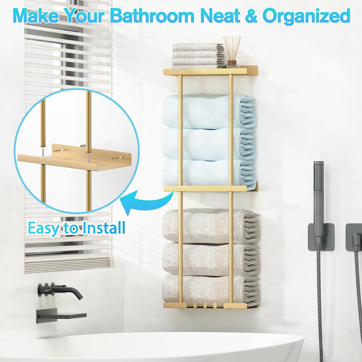 Liuoud Towel Rack for Bathroom, Wall Mounted Vertical Rolled Towel Storage Organizer Holder with Shelf, Holds Up 6