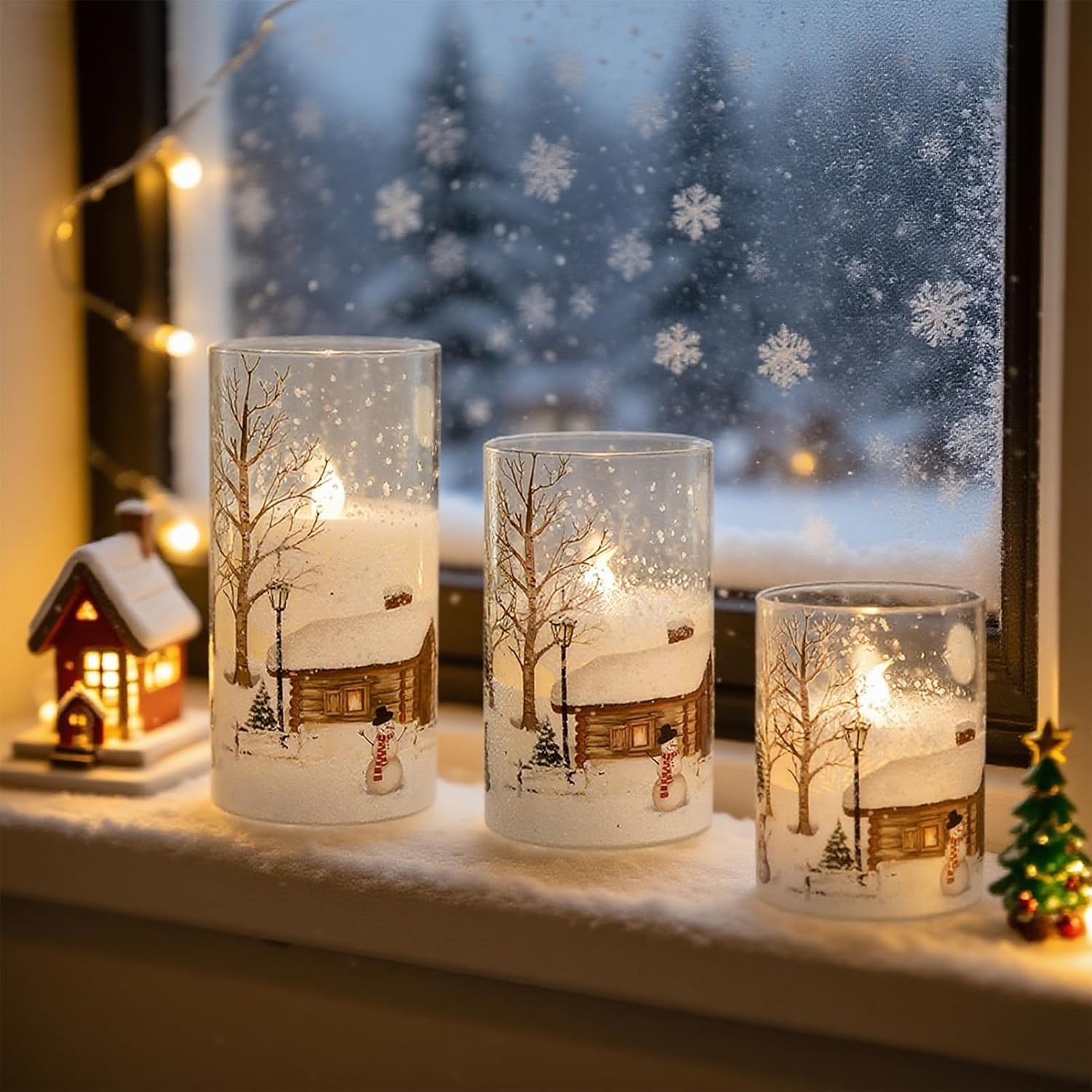 Snowman Glass Flameless Candles Battery Operated with Remote and Timer Real Wax LED Flickering Pillar Candles White