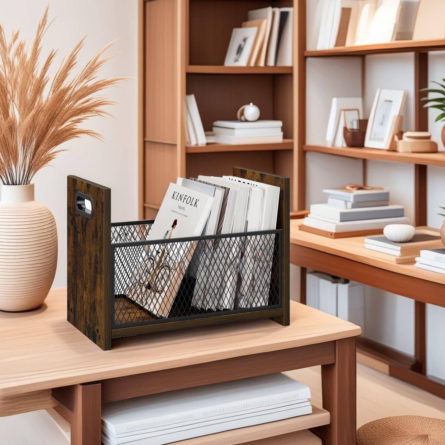 Large Magazine Rack Floor Set of 2, Vinyl Record Storage, Magazine File Holder Storage Basket for Letters, Books