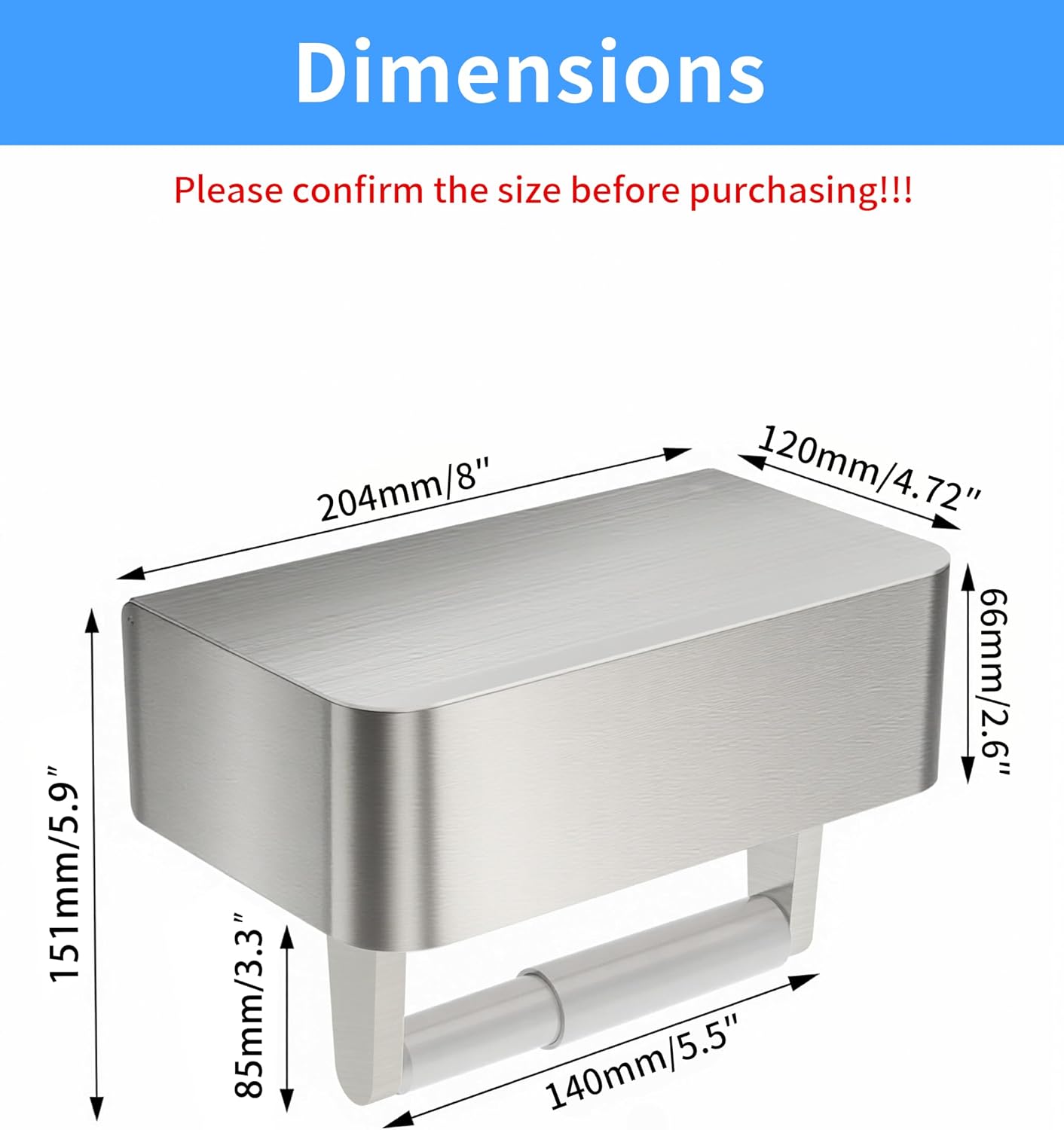 Toilet Paper Holder, Stainless Steel Wall Mount Bathroom Organizer with Shelf, Flushable Wipes Dispenser Storage Fits