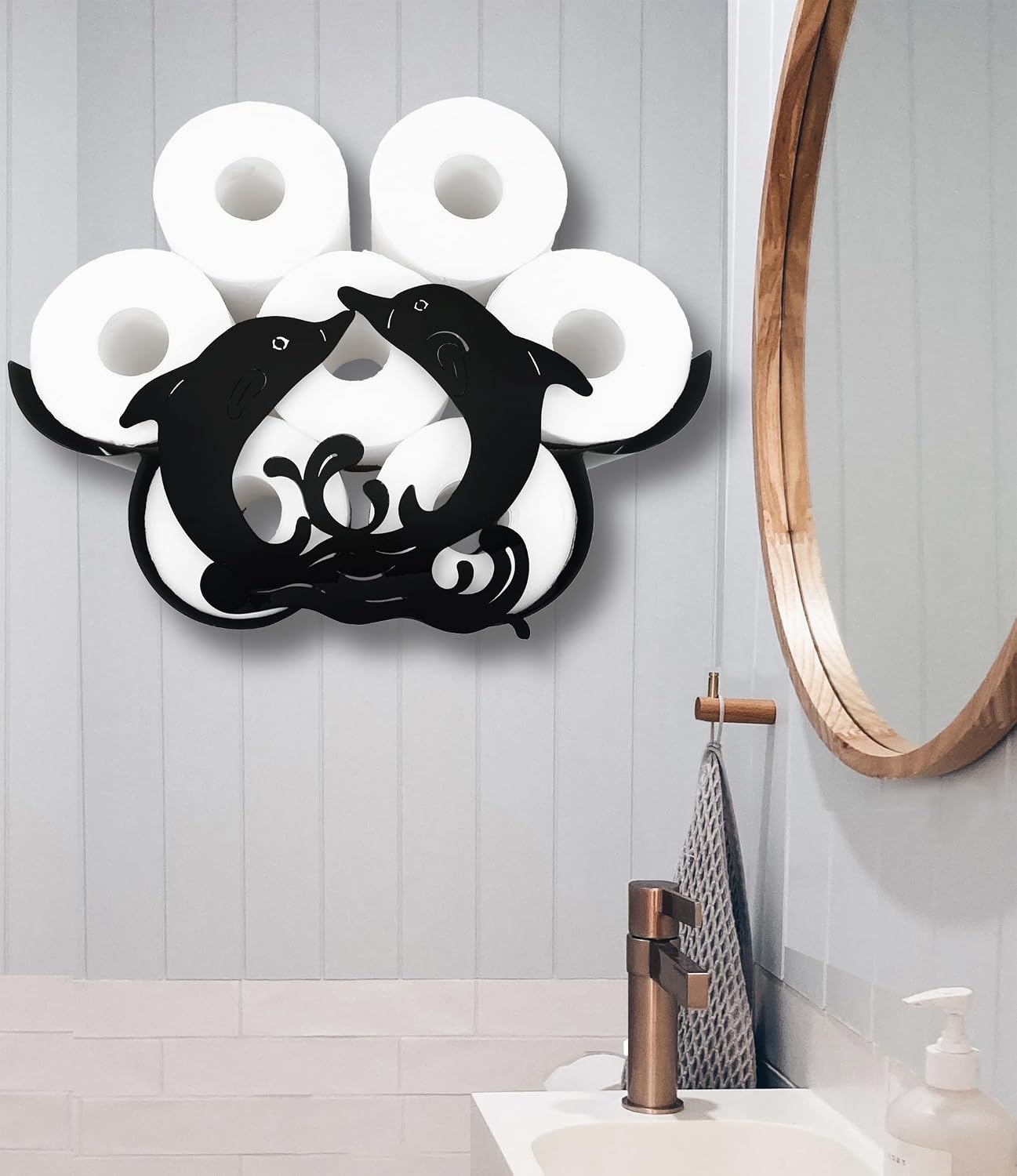 Dolphin Wall-Mounted Toilet Paper Holder: Stylish Bathroom Storage for 8 Rolls, Decorative Metal Design, Corrosion