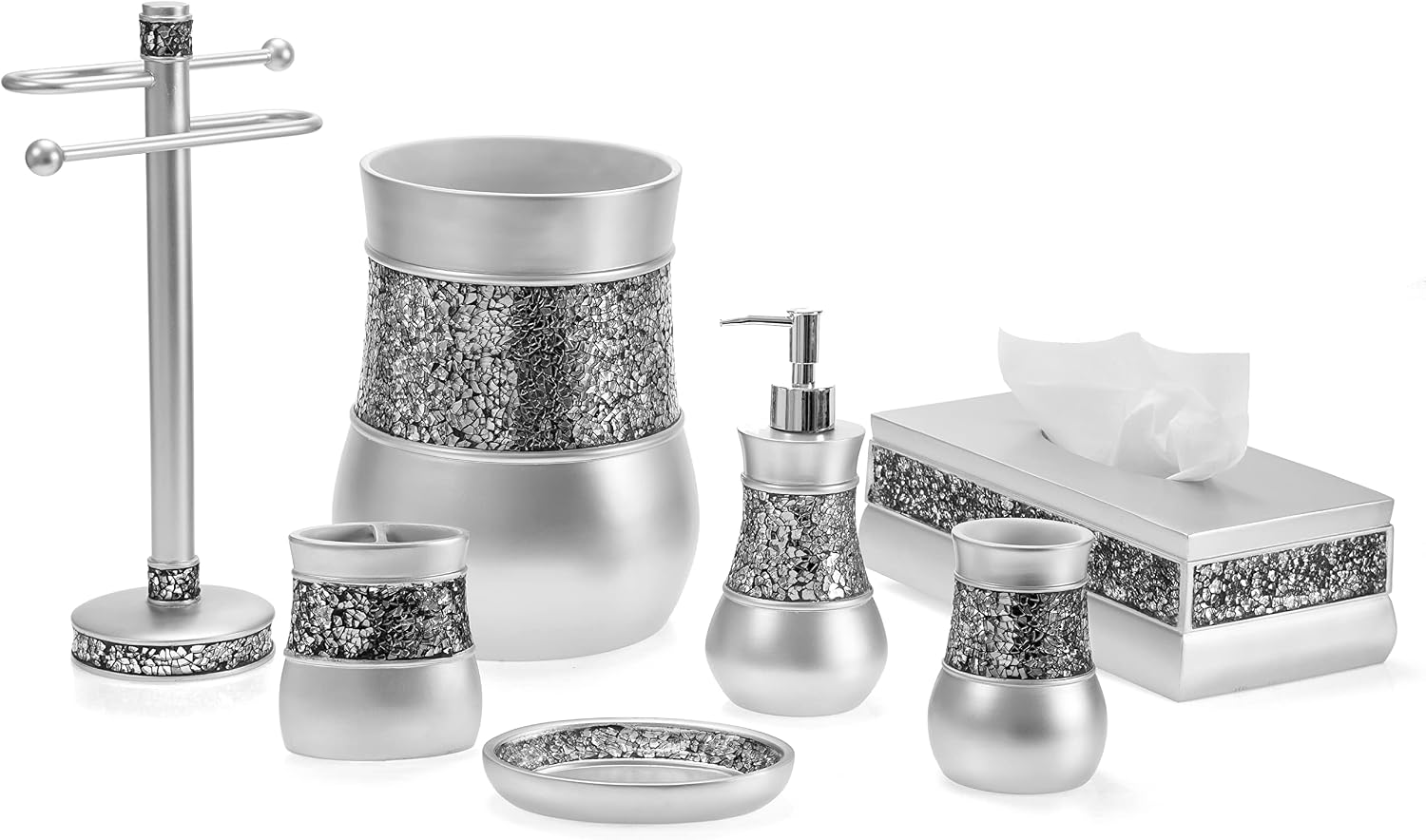 Crackled Glass Silver Free Standing Countertop Fingertip Towel Holder Stand | Unibody Resin Towel Rack For Bathroom or