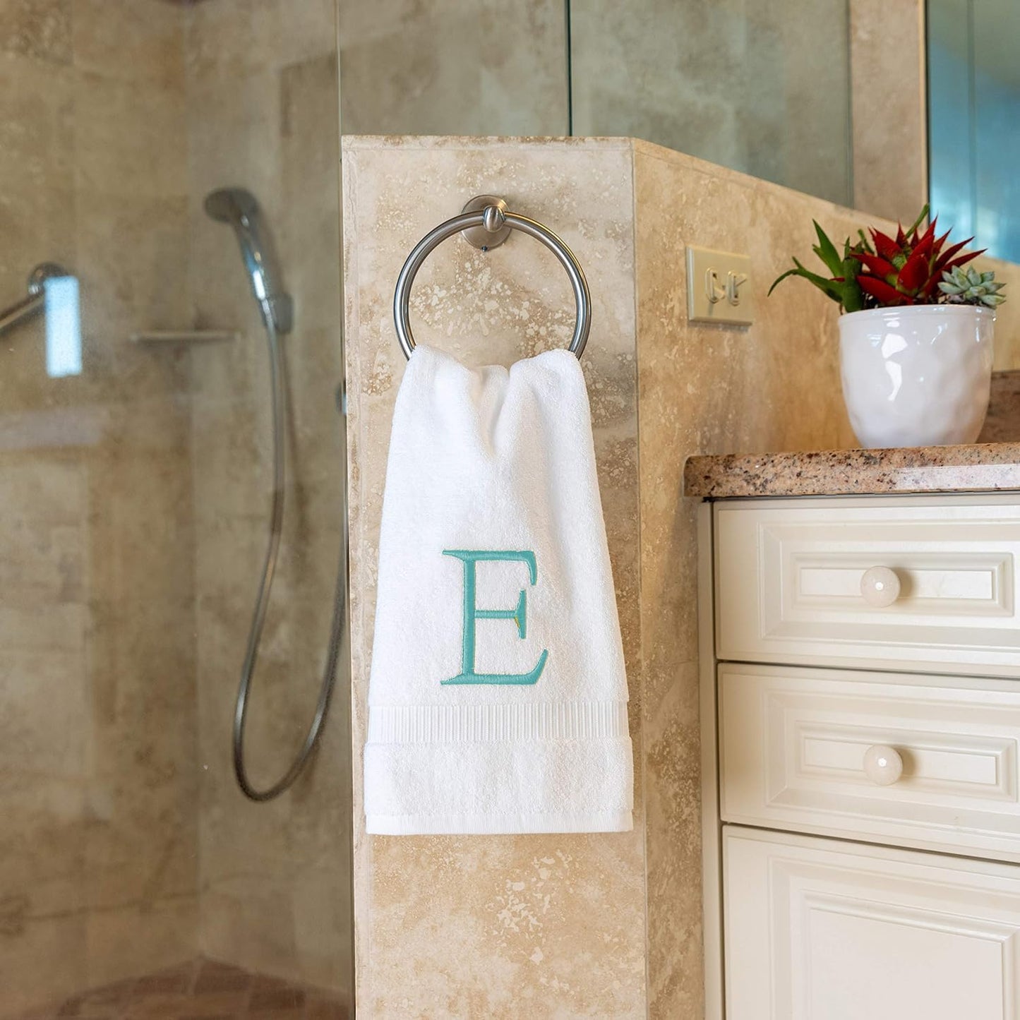 White with Teal Monogrammed Hand Towels for Bathroom - Set of 2 Letter E | Luxury Hotel Quality Initial Towels For