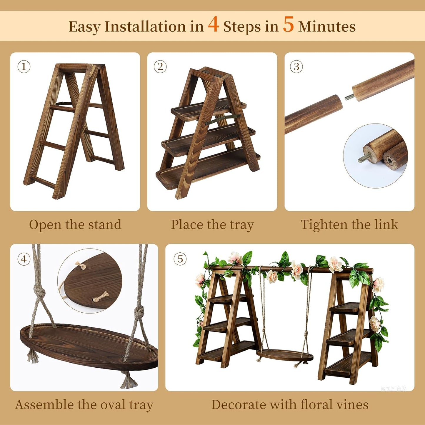 Large Wooden 3 Tier Swing Cupcake Stand / Brown