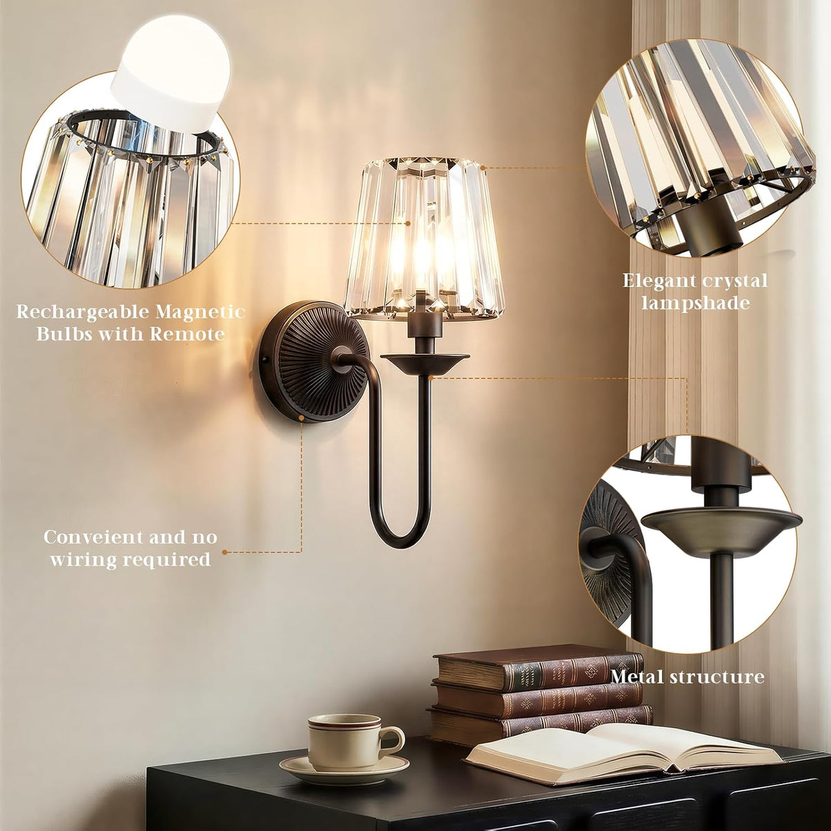 Black Battery Operated Wall Sconces Set of Two, Crystal Wireless Rechargeable Wall Lights with Remote, Dimmable 3 CCT