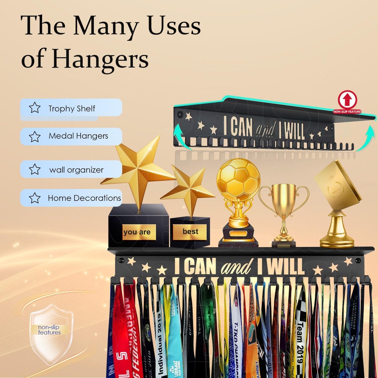 iBobbish Metal Medal Hanger Display,Non-Slip Trophy Shelf with 20 Hooks,Wall Mount,Heavy Duty,Non-Bent,Holds