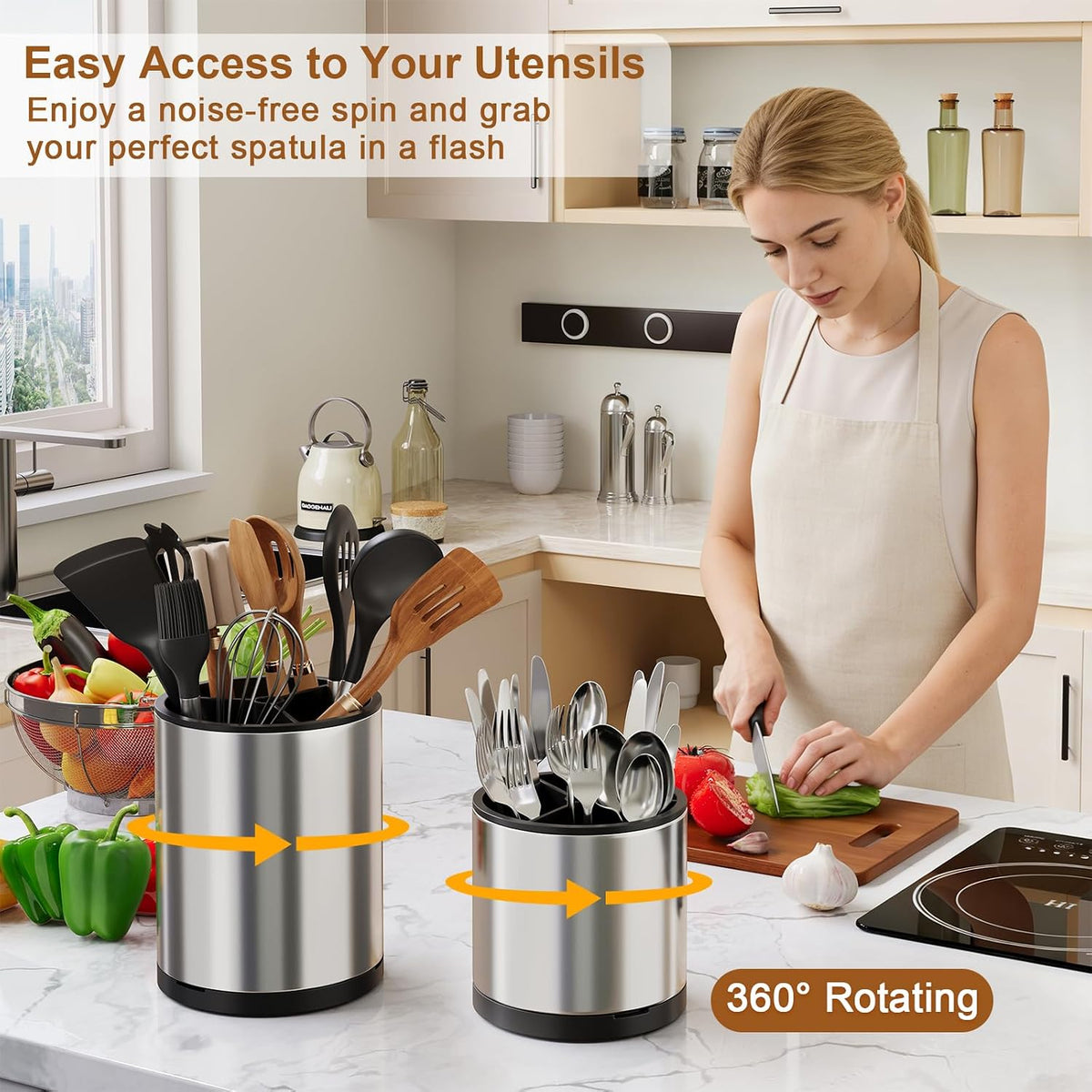 Extra Large Utensil Holder for Kitchen Counter, 360°Rotating Cooking Utensils Holder for Countertop, Stainless Steel