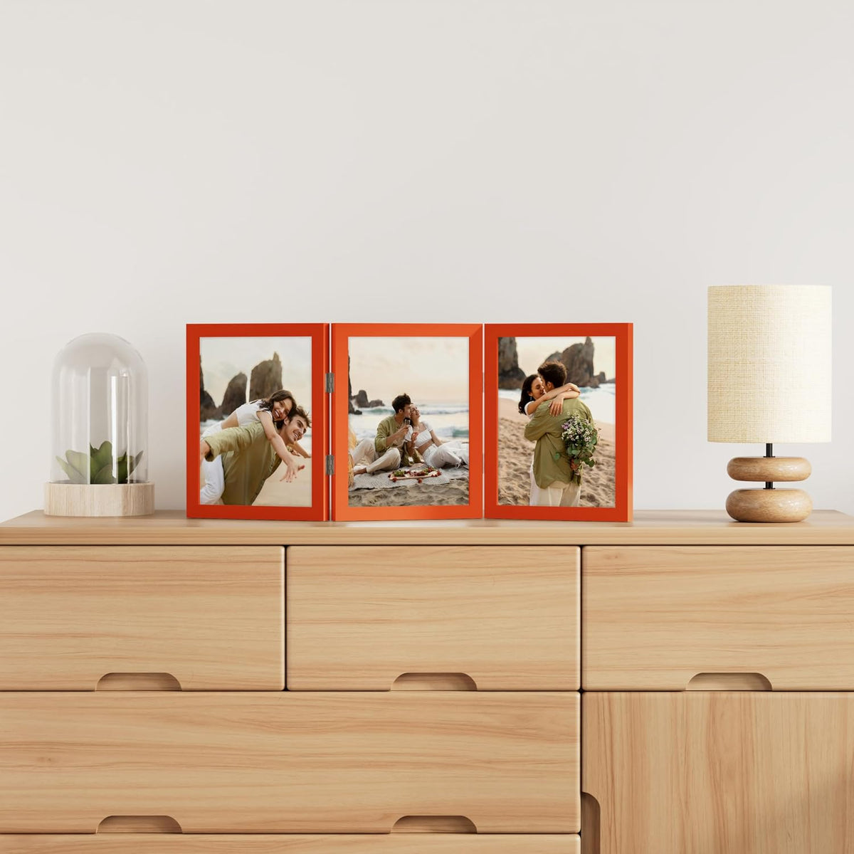 decorUhome Orange Triple 8x10 Picture Frame Vertical, MDOR08 | "Z" Shape Folding Design Engineered Wood Trifold Photo