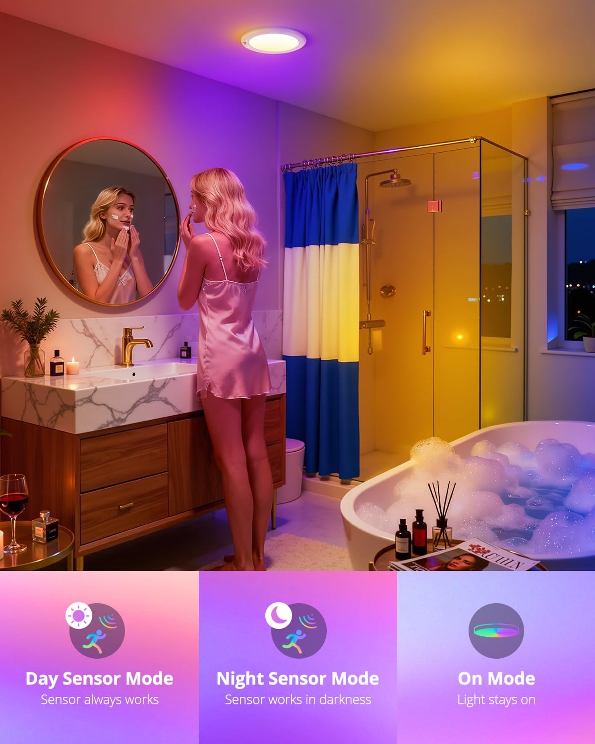 wowatt RGB Rechargeable Shower Lights for Inside Shower Waterproof IP44 | 12 RGB Colors&White Battery Ceiling Lights