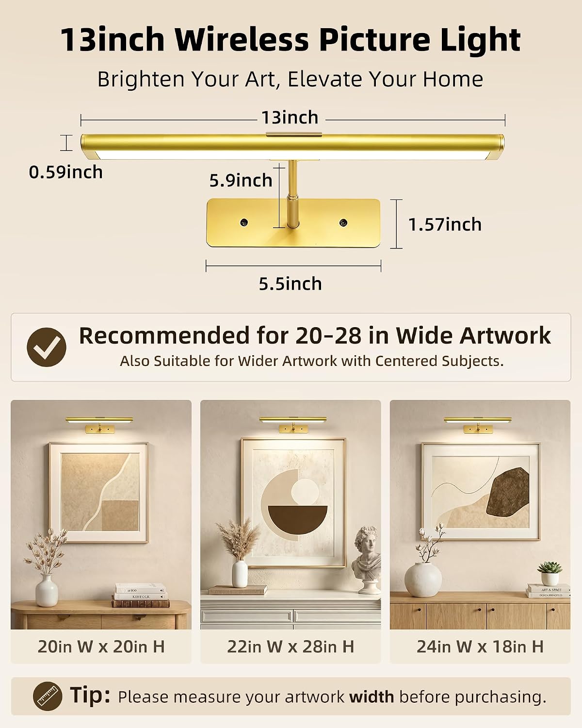 EZVALO Picture Light for Wall, 4800mAh Rechargeable Wireless Remote, 13'' Dimmable Magnetic LED Art Display Light with