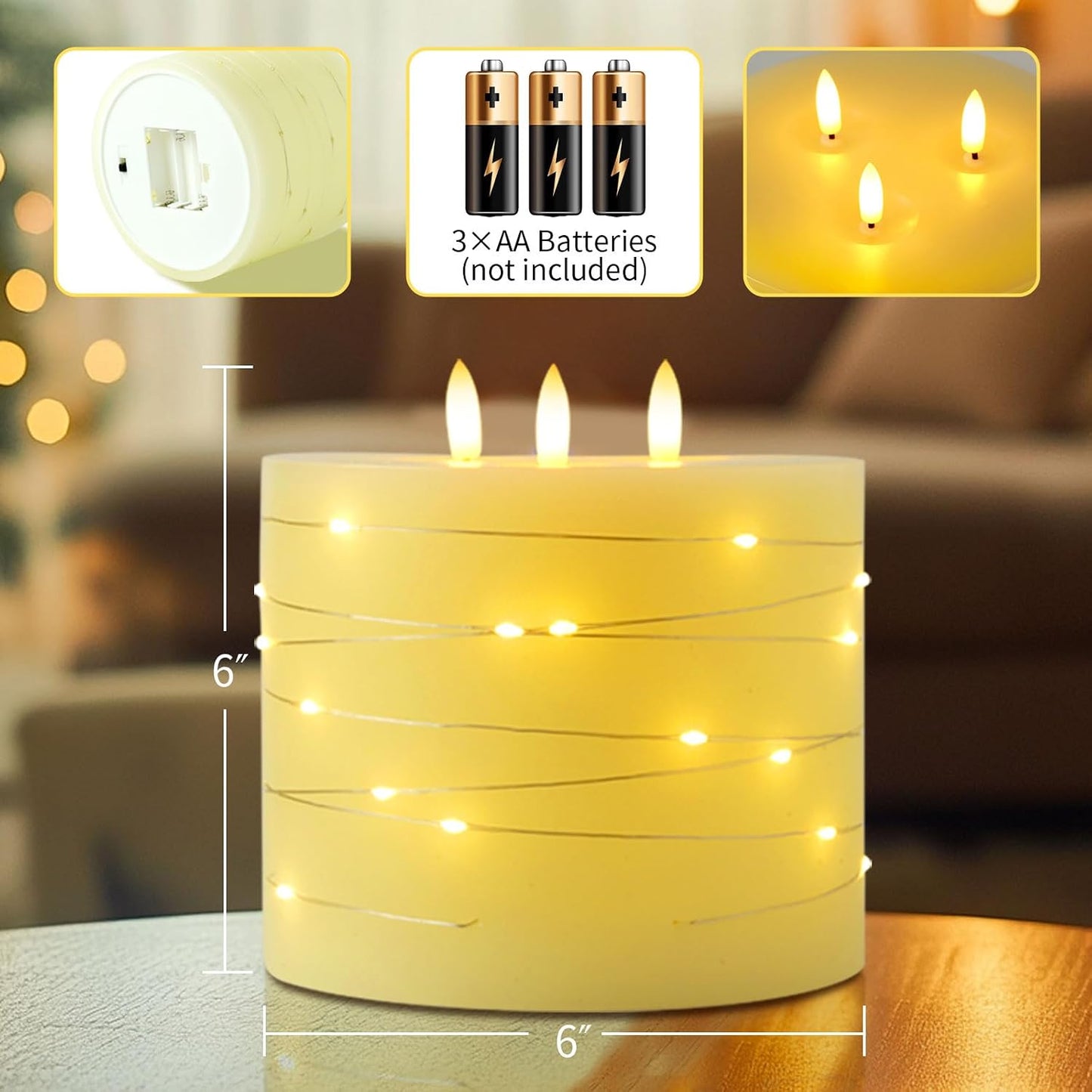 Amagic 3 Wick Extra Large Flameless Candles with Timer Remote, String Light | 6"x6" Real Wax Battery Operated LED