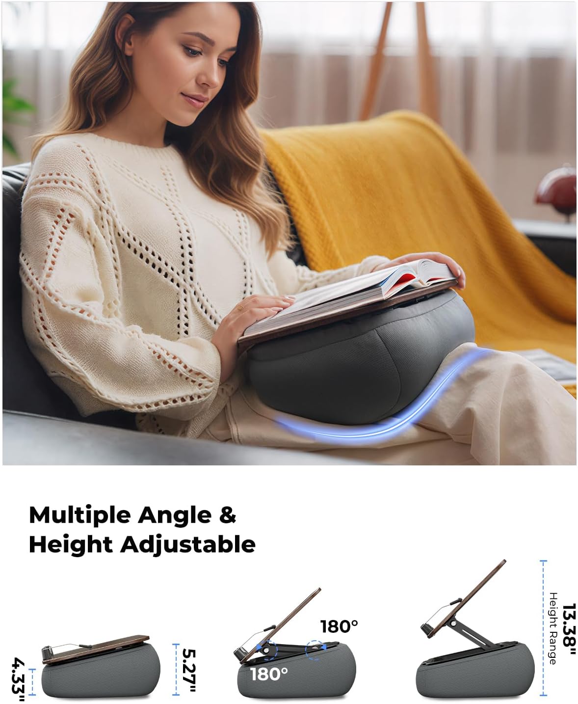 Viozon Lap Book Pillow Stand with Storage, Adjustable Beanbag Reading Pillow with Dark Wood Panel, Multi-Angle Book