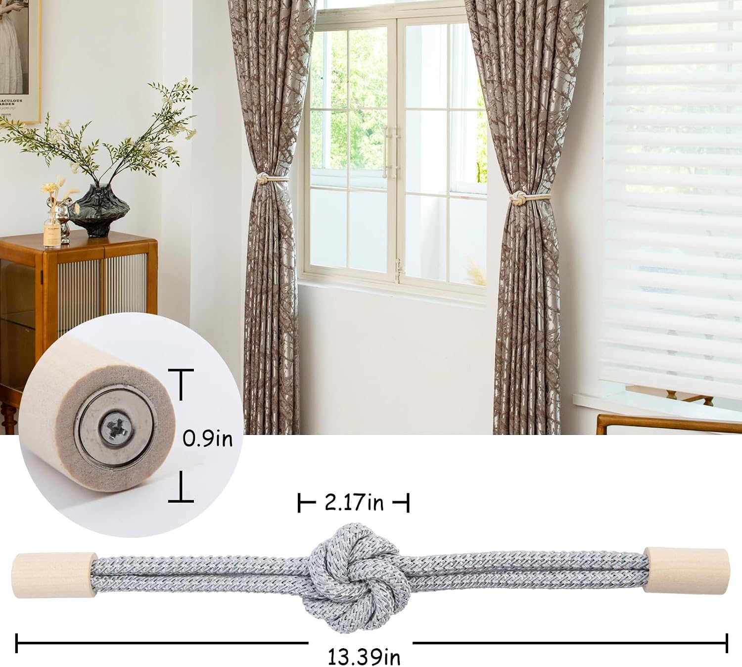 Wood Tie Backs Rope Holder / Silver / Set of 4