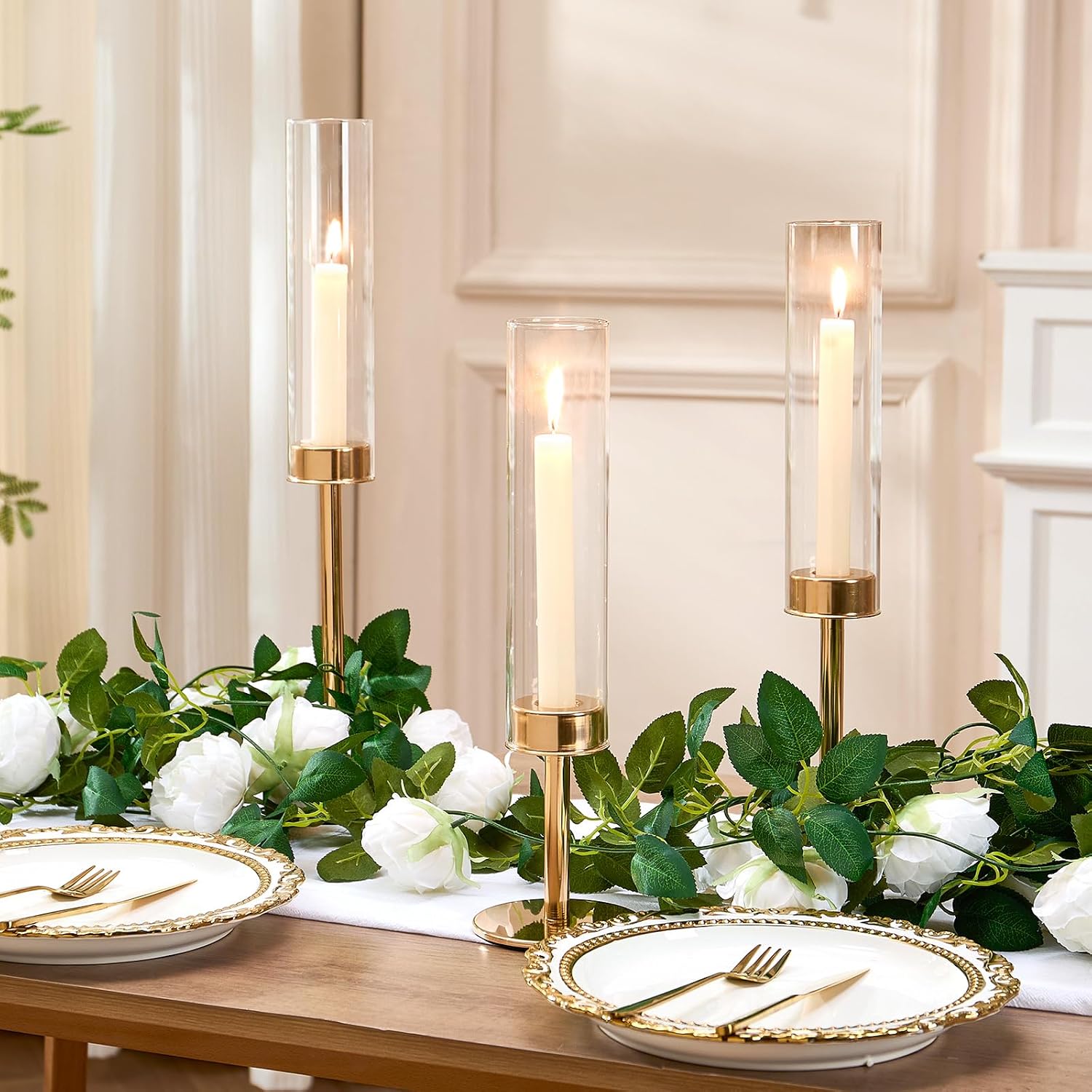 Gold Hurricane Glass Candle Holders Set of 6 Brass Taper Candlestick Holder | Windproof Flameless Candle Holder, Tall