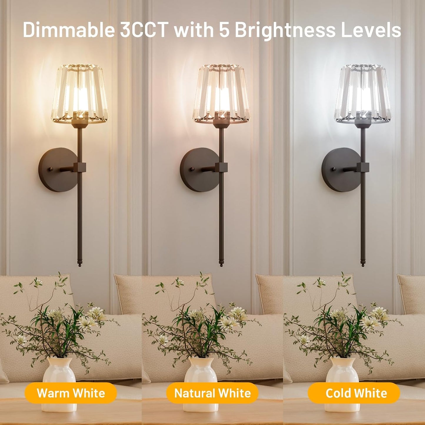 Crystal Battery Operated Wall Sconces Set of 2, Black Rechargeable Wireless Wall Sconce Lights with Crystal Lampshade