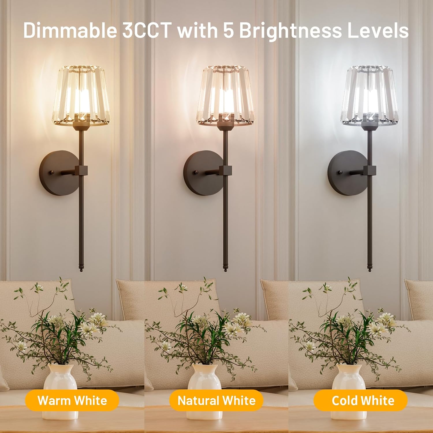 Crystal Battery Operated Wall Sconces Set of 2, Black Rechargeable Wireless Wall Sconce Lights with Crystal Lampshade