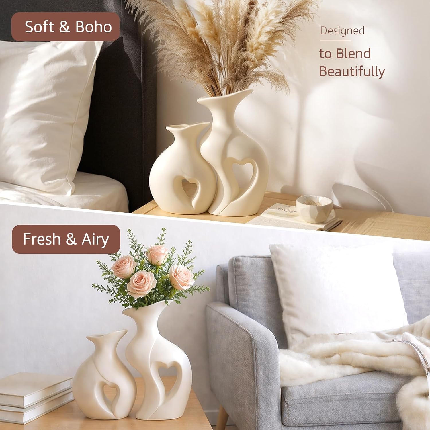 Ceramic Vase Hollowed Heart Flower Vase Set for Modern Nordic Boho Home Decor / White