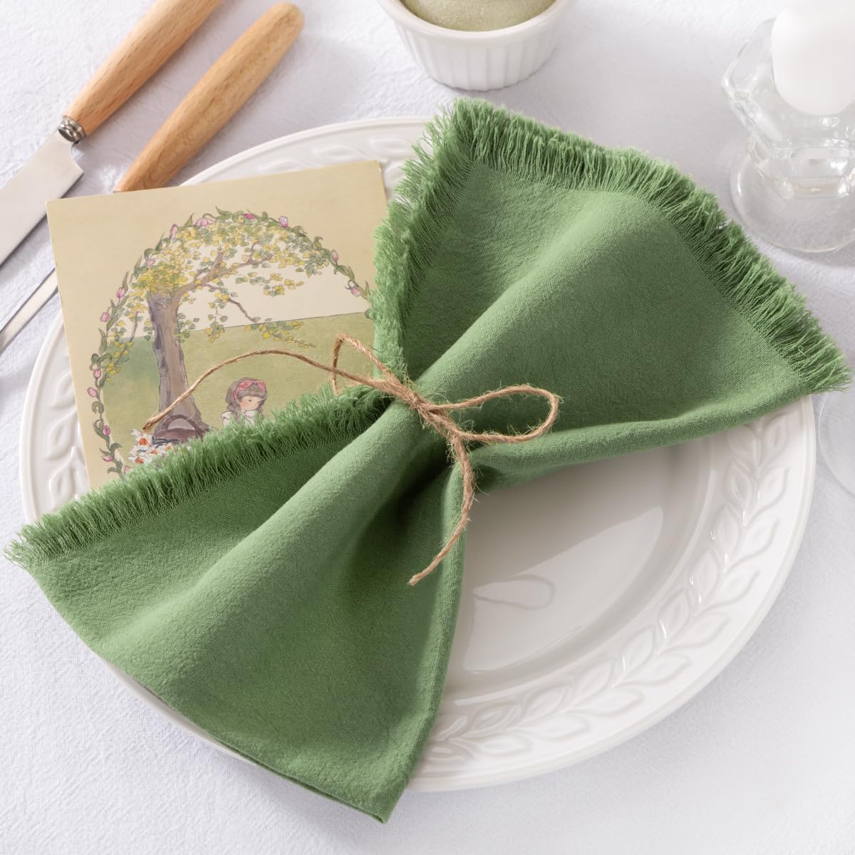 DeZerlor Sage Green Summer Cotton Linen Washable Cloth Napkins Set of 12 | Reusable Boho Handmade Table Napkins Bulk
