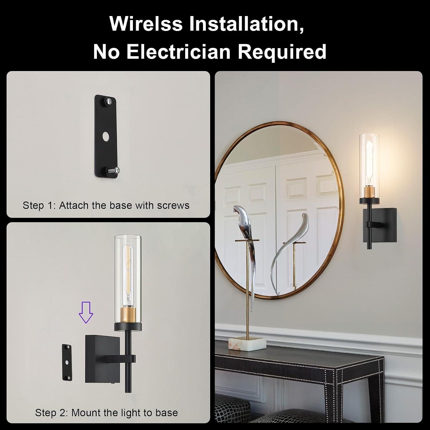 Wireless Wall Sconces with Remote Control, Battery Operated Wall Sconce Set of 2, Black & Gold Rechargeable Dimmable