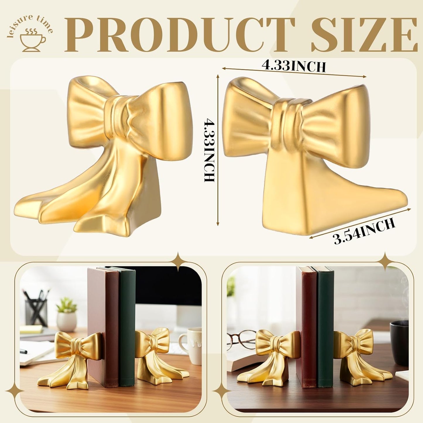 Bow Bookends Ceramic Book Ends Decorative Book Stand Bow Sculpture Statues / Gold / Set of 2