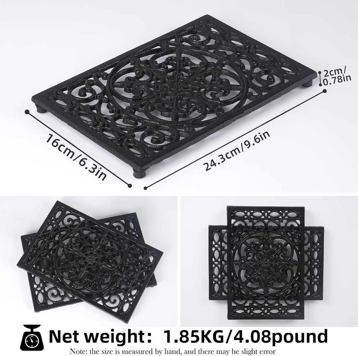 Notakia 9.6 x 6.3 Inch Cast Iron Trivet Set, Large Metal Trivets for Hot Dishes Pots Pans Decorative Kitchen Trivets