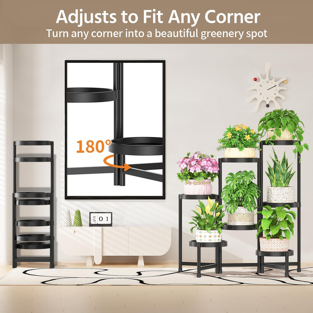 LASZOLA Plant Stand Indoor Outdoor Tall with Plastic Tray, 7 Tiers Black | Corner Folding Flower Display Rack, Modern