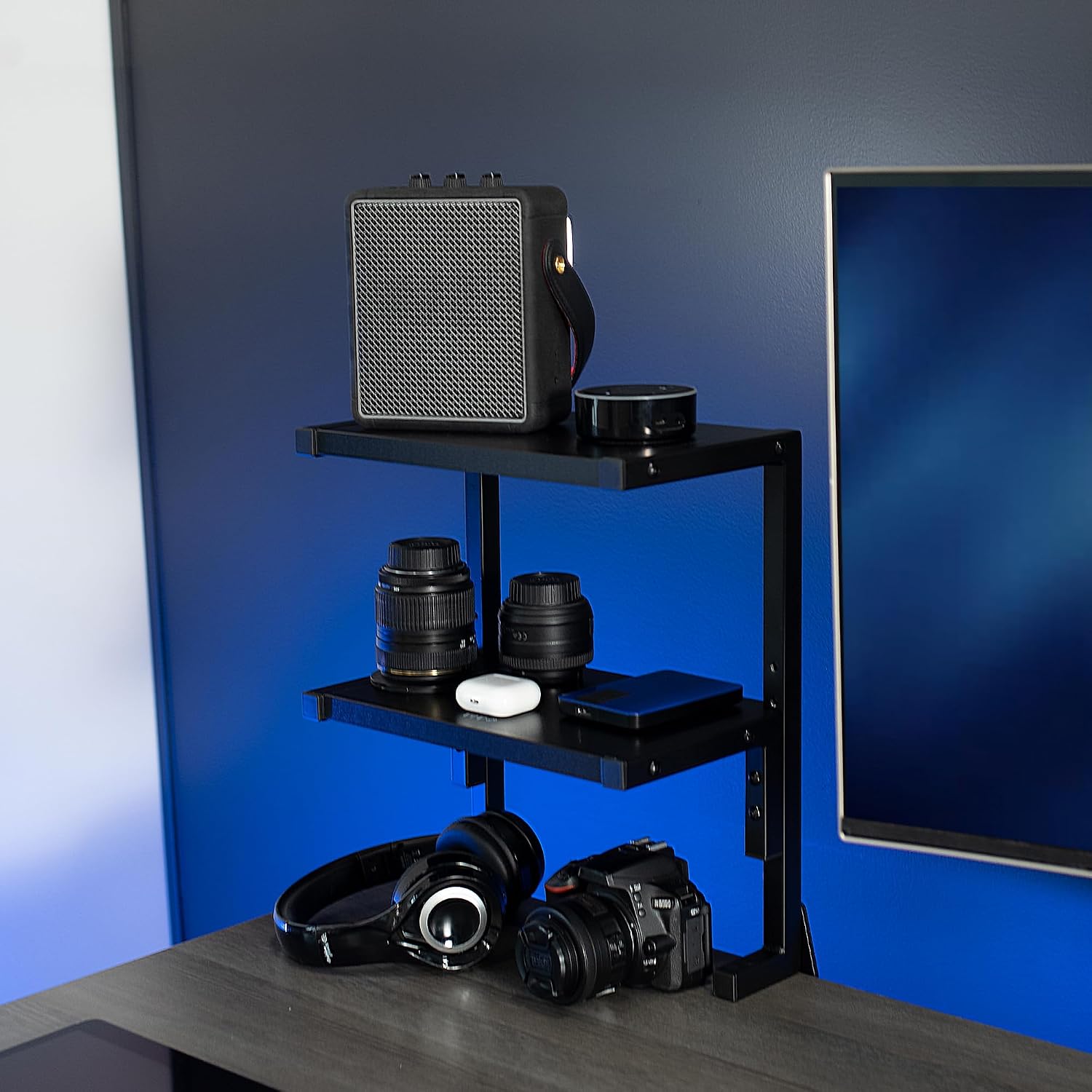 VIVO Black Clamp-on 13 inch 2-Tier Desk Shelf, STAND-SHELF2C | Above or Below Desk, 2 Level Shelving Unit for Table