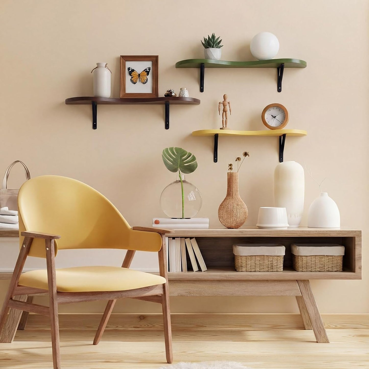 Mid Century Floating Shelves Wavy Cloud Shelves Wooden Shelf Live Edge Wall Mount / Retro / Set of 3