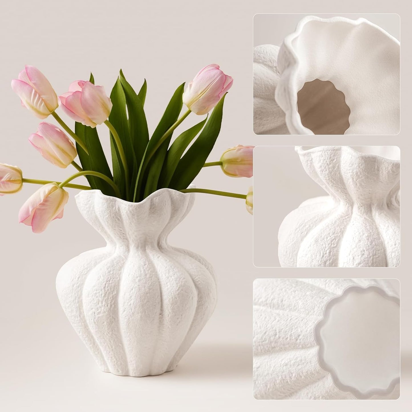 Ceramic Vase / Modern Boho Flower Vase / Large / White / 8.2 Inch