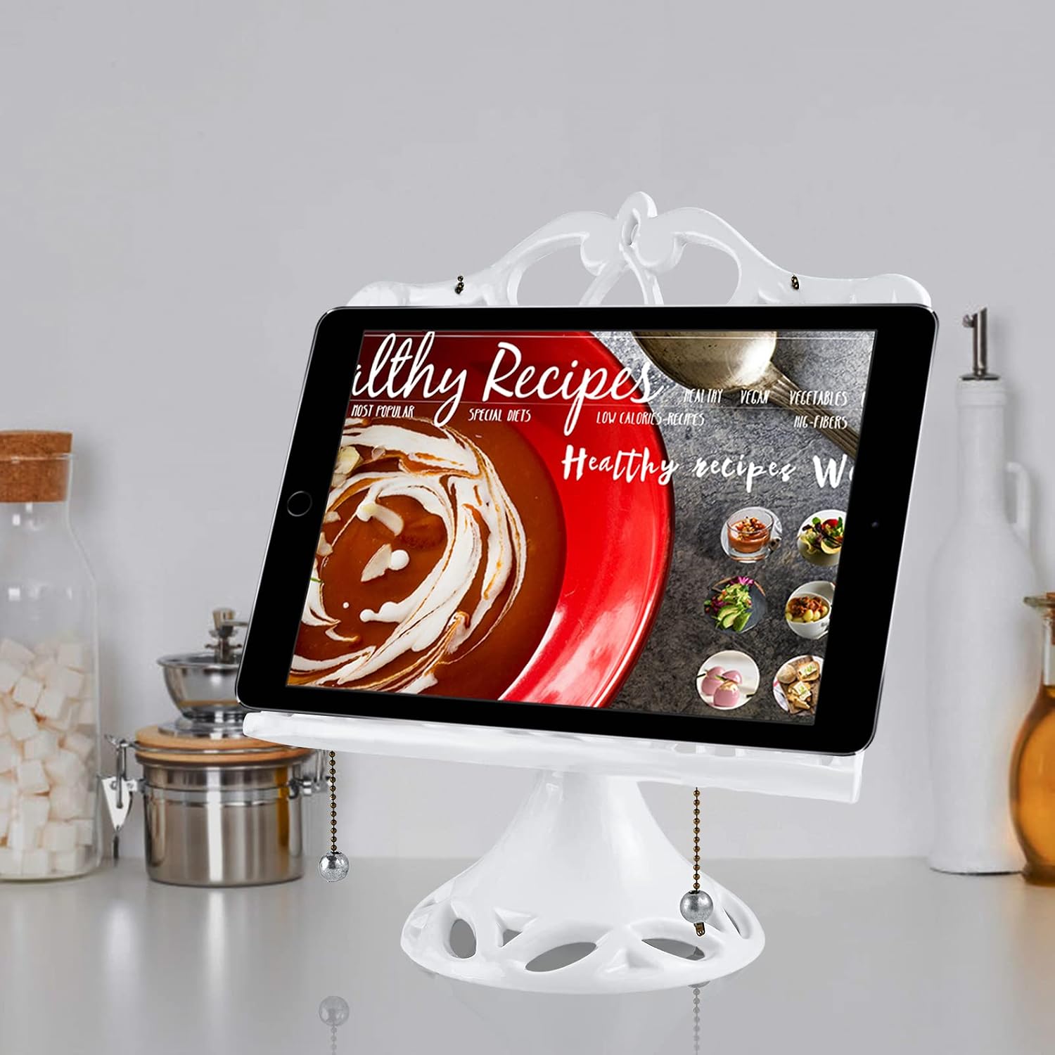 JOGREFUL Adjustable Cast Iron Cookbook Stand, Kitchen Recipe Holder White | Heavy-Duty Book Vintage Holder, Reading