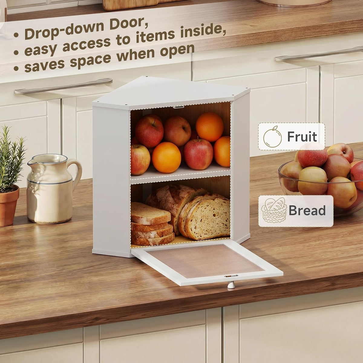 Bread Box for Kitchen Corner Countertop,Large Bread Basket (White, X-Large) | Double Layer Bamboo Bread Storage